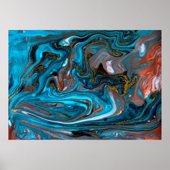 Affiche Blue and gold marbling pattern. Golden marble liqu (Devant)