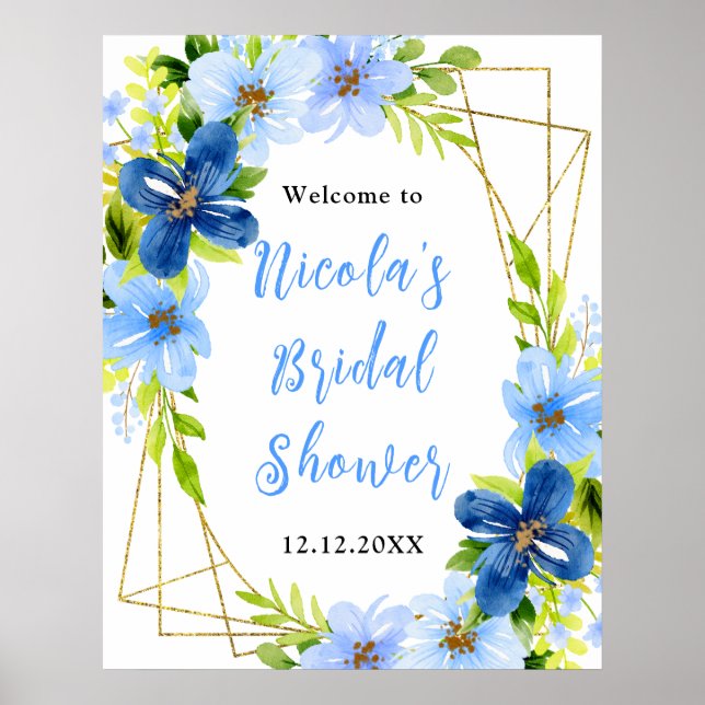 Affiche Blue and Navy Flowers Bridal Shower Welcome (Devant)