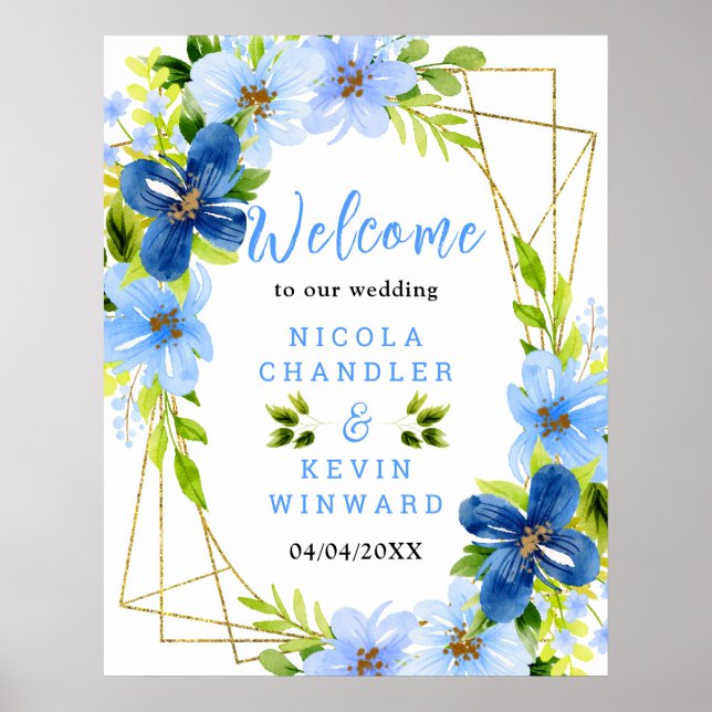 Affiche Blue and Navy Flowers Wedding Welcome Sign (Devant)