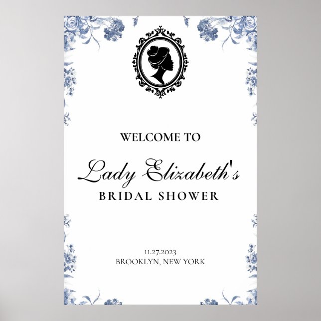 Affiche blue and white budget vintage bridal shower (Devant)