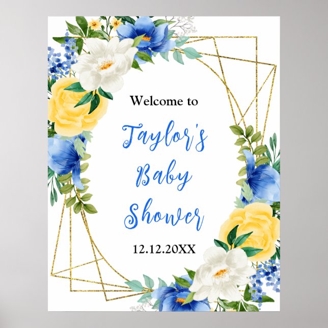 Affiche Blue and Yellow Floral Baby Shower Welcome Sign (Devant)