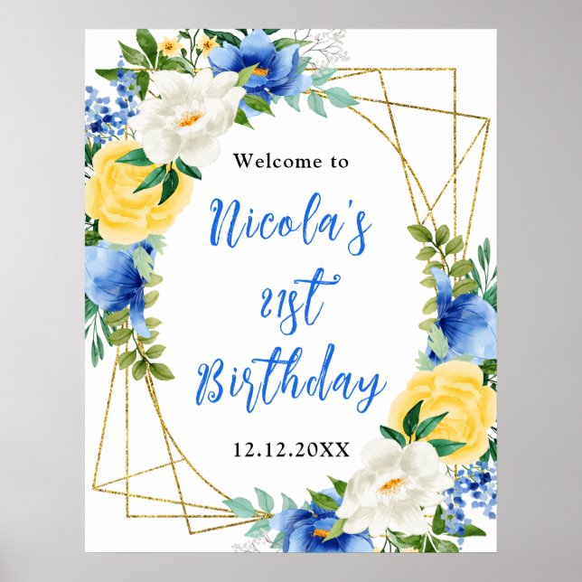 Affiche Blue and Yellow Floral Birthday Welcome (Devant)