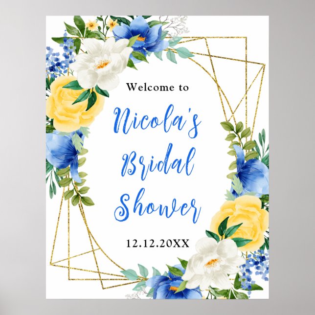 Affiche Blue and Yellow Floral Bridal Shower Welcome (Devant)