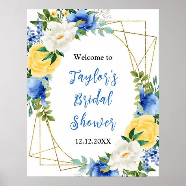 Affiche Blue and Yellow Floral Bridal Shower Welcome Sign (Devant)
