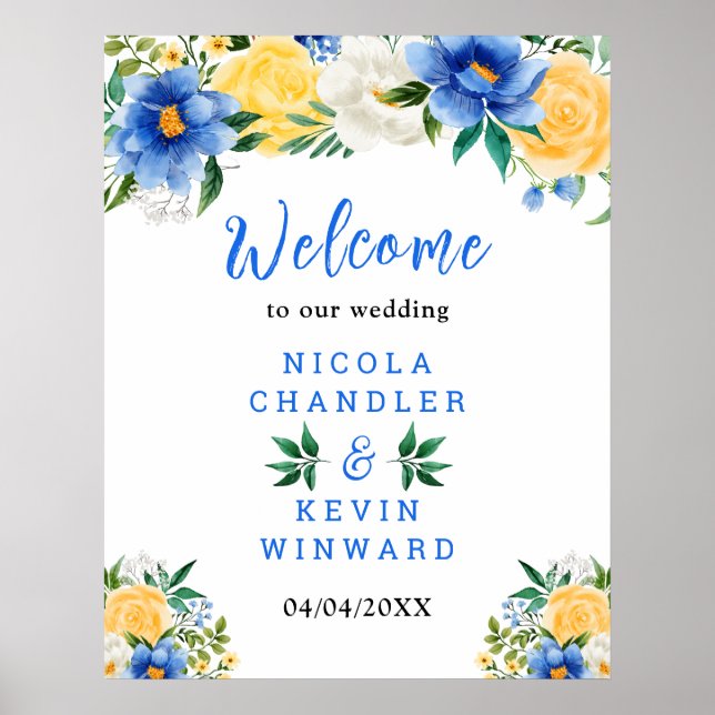 Affiche Blue and Yellow Floral Wedding Welcome Sign (Devant)