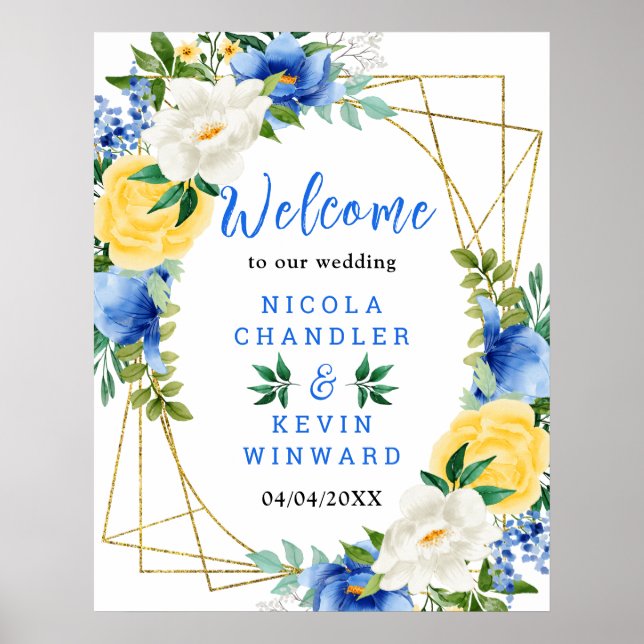 Affiche Blue and Yellow Floral Wedding Welcome Sign (Devant)