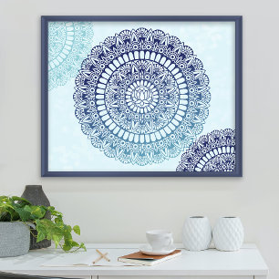 Affiche Blue Aqua Lotus Henna Mandala Imprimer