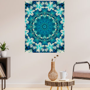 Affiche Blue Aqua Mandala Rosette Retro Hippie