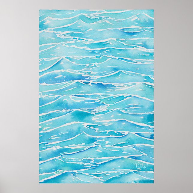 Affiche Blue Aqua Ocean Sea Waves Aquarelle Imprimer (Devant)