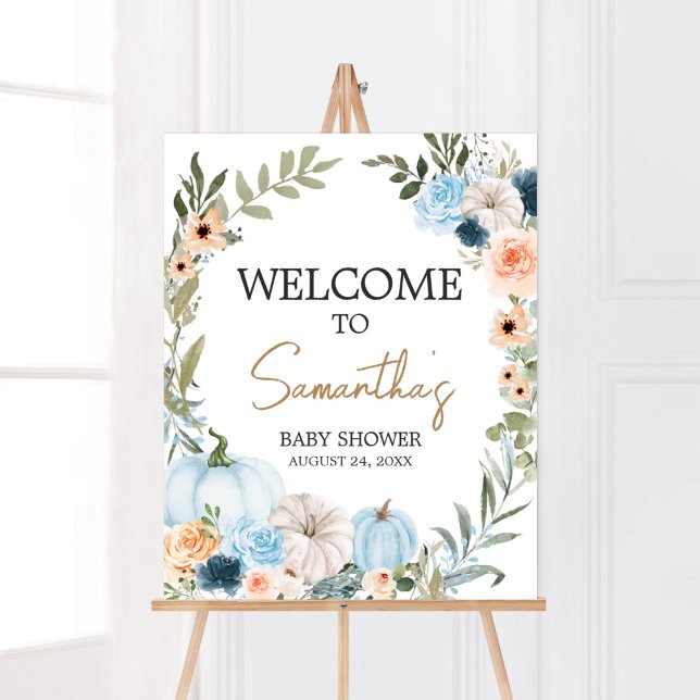 Affiche Blue Autumn Flowers Citrouille Baby shower Bienven (Autumn Little Pumpkin Baby Shower Welcome Sign)