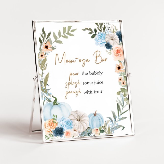 Affiche Blue Autumn Flowers Citrouille Mom Osa Bar (Autumn Little Pumpkin Baby Shower Mom Osa Bar Sign)