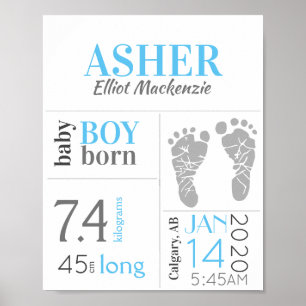 Affiche Blue Baby Birth Stat Sign with Footprint