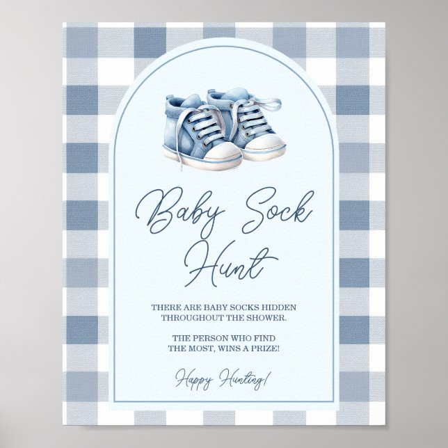 Affiche Blue Baby Shoes Gingham Baby Shower Baby Sock Hunt (Devant)