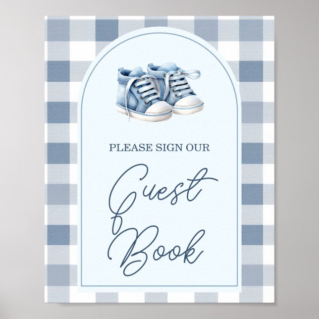 Affiche Blue Baby Shoes Gingham Baby Shower Guest Book (Devant)