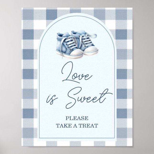 Affiche Blue Baby Shoes Gingham Baby Shower Love is Sweet (Devant)