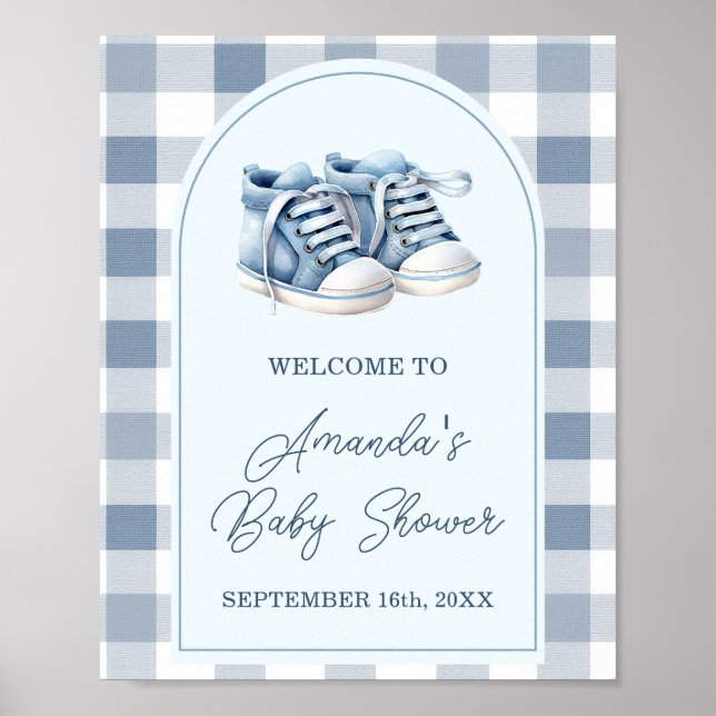 Affiche Blue Baby Shoes Gingham Boy Baby Shower Welcome (Devant)