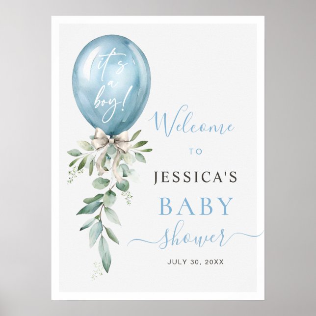 Affiche Blue Balloon Bow Greenery Baby Shower Welcome (Devant)