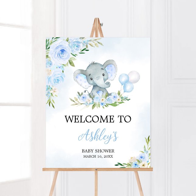 Affiche Blue Balloon Floral Elephant Bienvenue (Boy Elephant Balloon Baby Shower Welcome Sign)