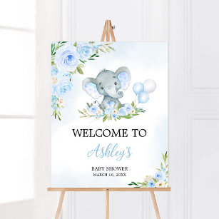 Affiche Blue Balloon Floral Elephant Bienvenue