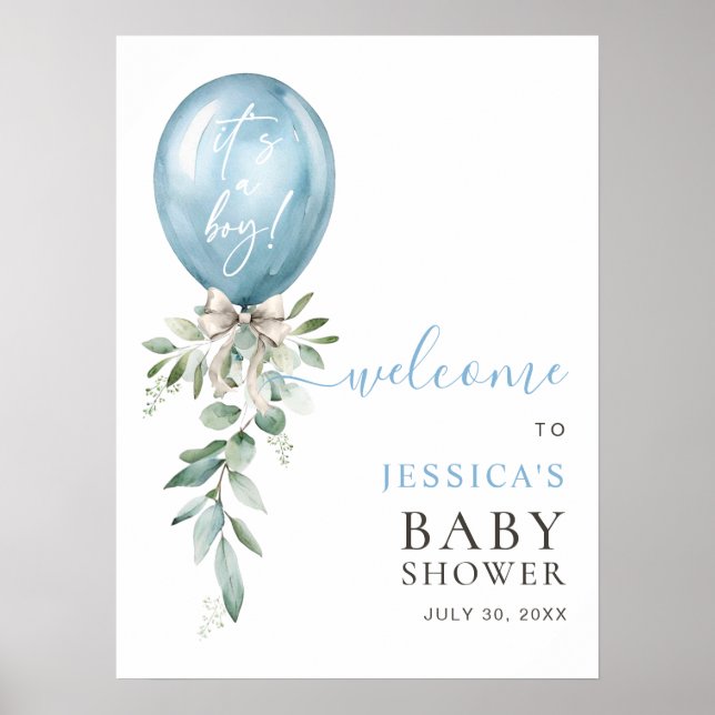 Affiche Blue Balloon Greenery Bow Baby Shower Welcome (Devant)