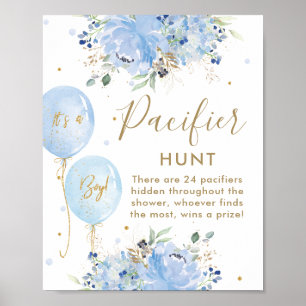 Affiche Blue Balloons Floral Boy Baby Pacifier Jeu de chas
