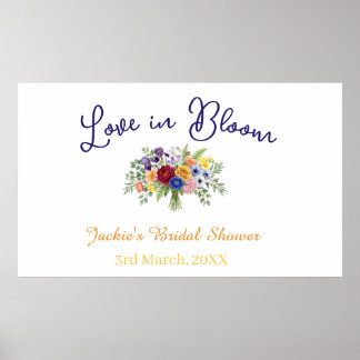 Affiche blue boho amour en fleurs nom de la baby shower ré
