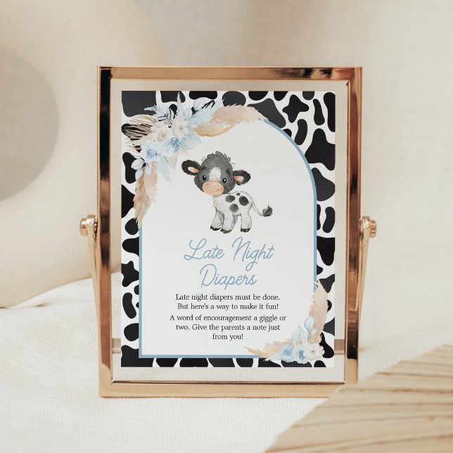 Affiche Blue Boho Highland Cow Baby Late Night Diapers (Bohemian Floral Farm Baby Shower Late Night Diapers Sign)