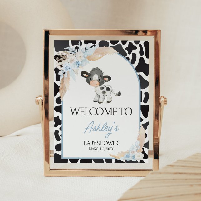 Affiche Blue Boho Highland Cow Baby shower Bienvenue (Bohemian Floral Farm Baby Shower Welcome Sign)