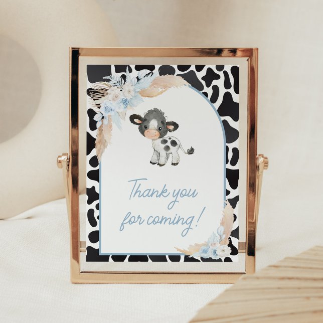 Affiche Blue Boho Highland Vache Merci bébé pour venir (Bohemian Floral Farm Baby Shower Thank you for Coming Sign)