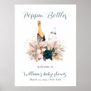 Affiche Blue Boho Poppin Champagne Baby shower Bienvenue