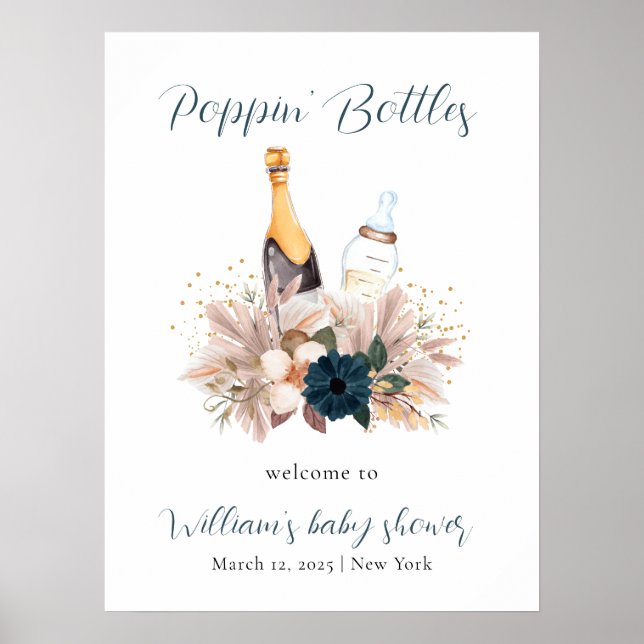 Affiche Blue Boho Poppin Champagne Baby shower Bienvenue (Devant)