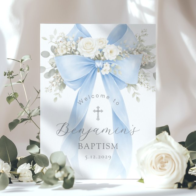 Affiche Blue Bow Baby Boy Baptism Elegant Welcome (Créateur téléchargé)