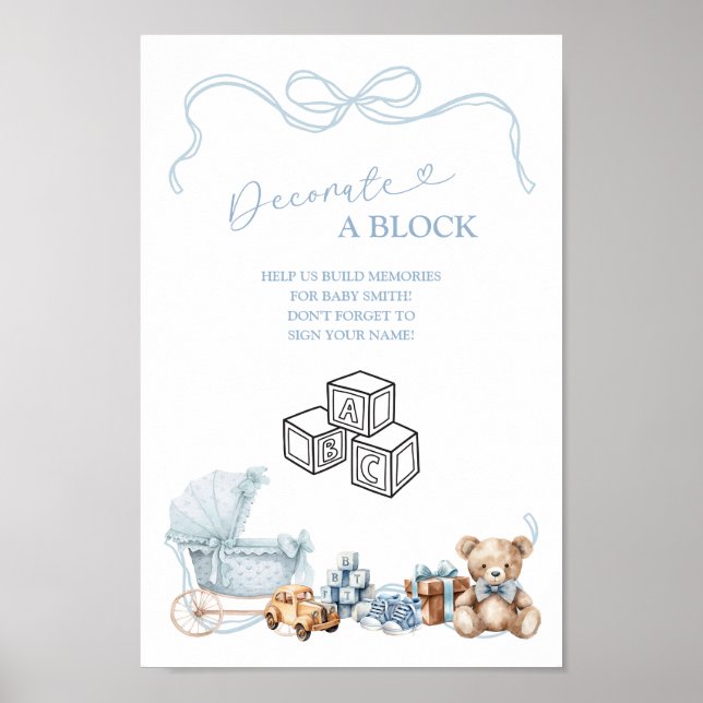 Affiche Blue Bow Carriage Baby Shower Decorate Block Sign (Devant)