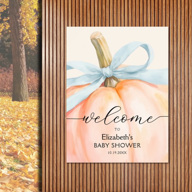 Affiche Blue Bow Little Citrouille Baby shower Bienvenue (Boy baby shower pumpkin welcome poster, PRINTED and/or INSTANT DOWNLOAD, choose size when ordering)
