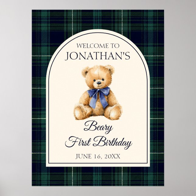Affiche Blue Bow Teddy Bear Birthday Welcome Sign (Devant)
