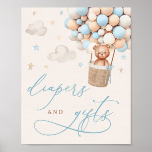 Affiche Blue Boy Teddy Bear Baby shower Diapers & Cadeau