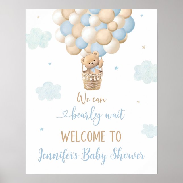 Affiche Blue Boy Teddy Bear Balloons Baby shower Bienvenue (Devant)