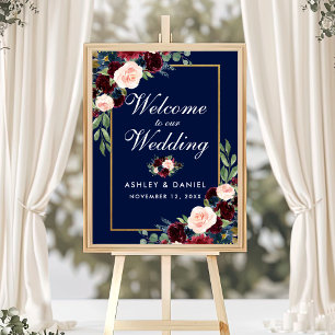 Affiche Blue Burgundy Gold Floral Mariage Bienvenue
