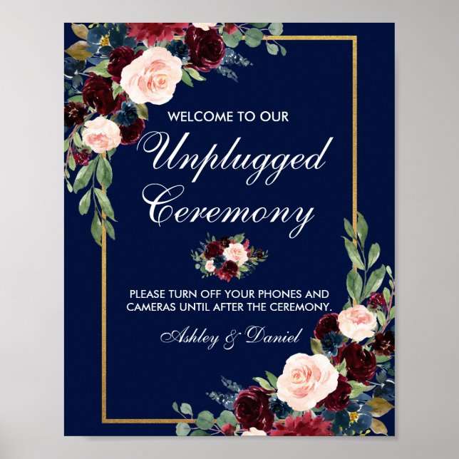 Affiche Blue Burgundy Gold Floral Mariage débranché (Devant)