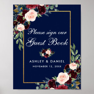 Affiche Blue Burgundy Gold Floral Mariage Livre d'hôtes