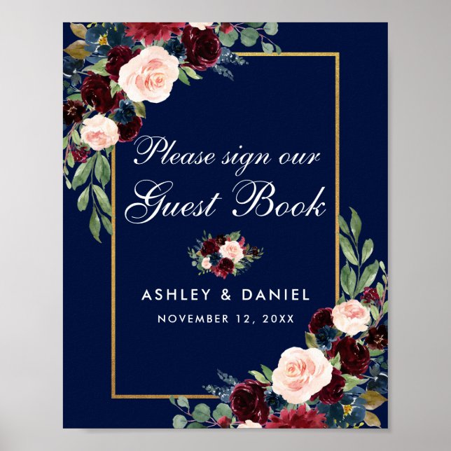 Affiche Blue Burgundy Gold Floral Mariage Livre d'hôtes (Devant)