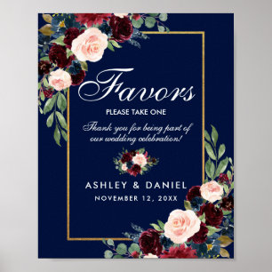Affiche Blue Burgundy Gold Floral Wedding Faveurs