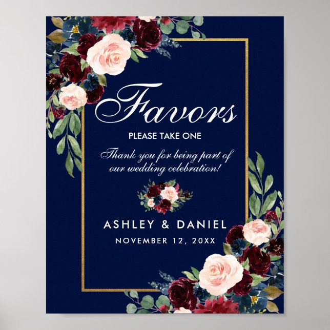 Affiche Blue Burgundy Gold Floral Wedding Faveurs (Devant)