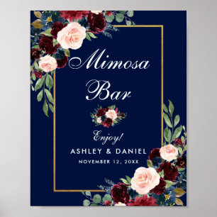 Affiche Blue Burgundy Gold Floral Wedding Mimosa Bar