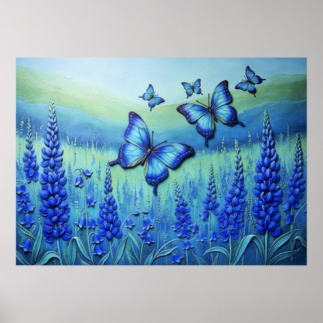 Affiche Blue Butterflies with Blue Flowers, (Devant)