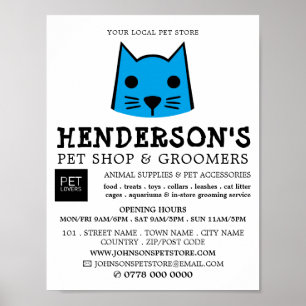 Affiche Blue Cat, Pet Store & Groomers Publicité