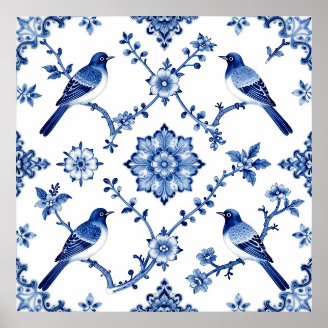 Affiche Blue Chinoiserie Bird Floral Pattern (Devant)