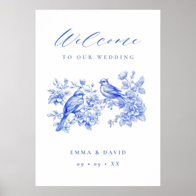 Affiche Blue Chinoiserie Love Birds Wedding Welcome (Devant)