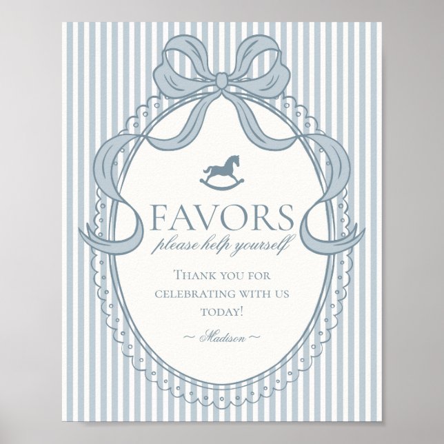 Affiche Blue Coquette Bow Rocking Horse Stripe Favors Sign (Devant)
