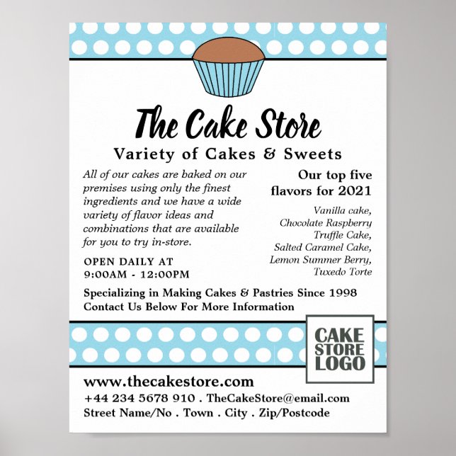 Affiche Blue Cupcake & Polka Dot, Boutique de gâteaux Publ (Devant)